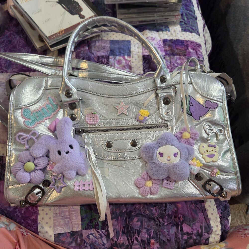 Y2K Decora Kawaii Silver Metallic Handbag Purple Plush Charms Crossbody